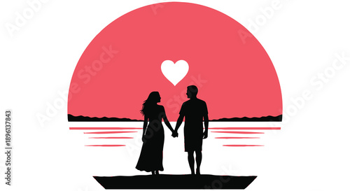 Couple holding hands gazing at a heart shaped  during a romantic sunset silhouette
