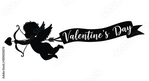 Valentine s day cupid illustration with a banner featuring a dark silhouette