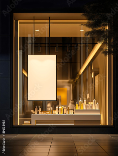 Luxury cosmetic perfume boutique storefront window display at night with blank white poster mockup frame warm golden lighting, beauty products bottles elegant glass facade.p