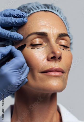 Surgeon marking dotted incision lines on woman patient eyes, blepharoplasty, cosmetic eyelid surgery, eye bag removal procedure.