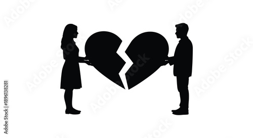Couple holding broken heart shapes representing separation in a dark silhouette