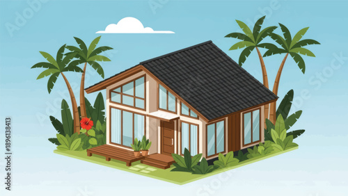 Sunny Tropical Cottage Residence with Modern Wooden Exterior and Palm Trees.