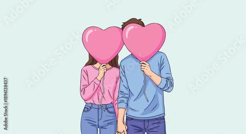 Young couple with heart shaped balloons hiding faces vector art