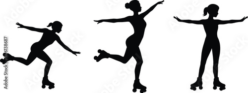 Women roller skating silhouettes performing balance dance poses fitness sport activity freedom vector illustration isolated on white background