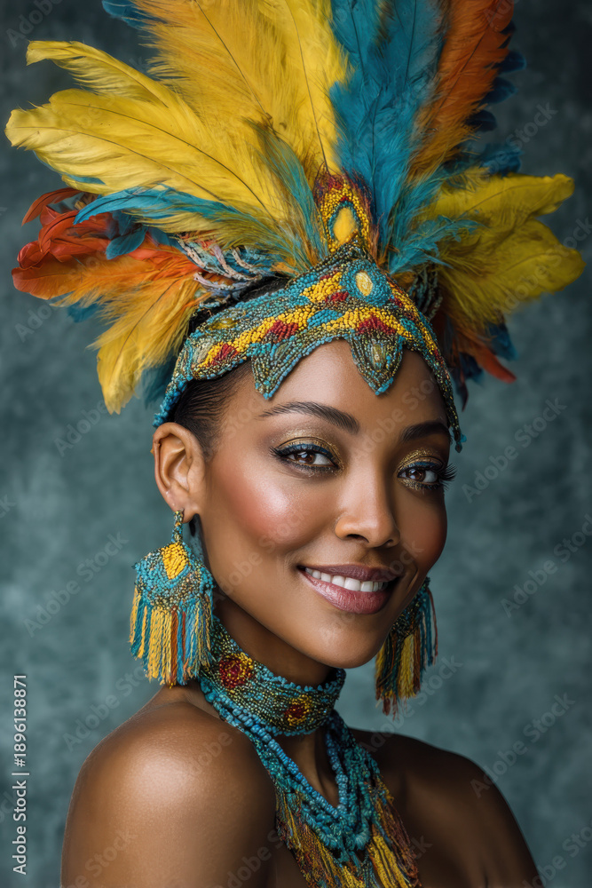 Naklejka premium Smiling carnival performer wearing elaborate feathered headdress and beaded jewelry, vibrant cultural portrait celebrating festival tradition, beauty, confidence, heritage and festive spirit