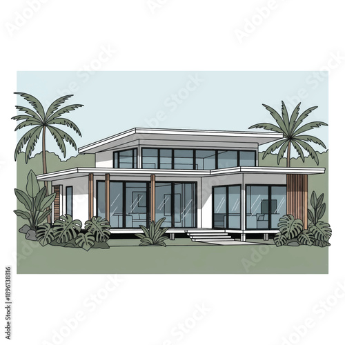 Modern glass-front residence with palm trees and landscaped front yard.