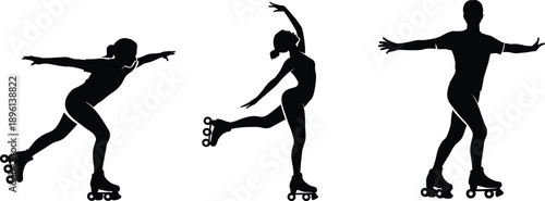 Men and women roller skating silhouettes performing artistic balance poses sport fitness lifestyle vector illustration isolated on white background