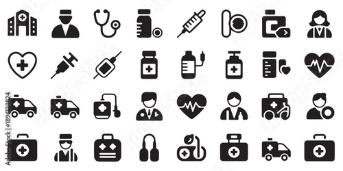 Collection of medical icons, various health care and hospital symbols in modern flat style on white