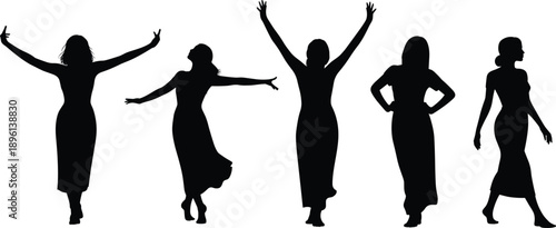 Women silhouettes dancing posing walking with raised arms celebrating freedom fashion style body positivity vector illustration isolated on white