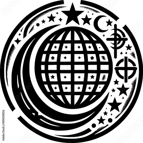 Symbol of Interfaith Unity: A symbolic emblem merges diverse religious and celestial elements, suggesting interconnectedness and harmony, represented by stars, moon, cross and the globe.