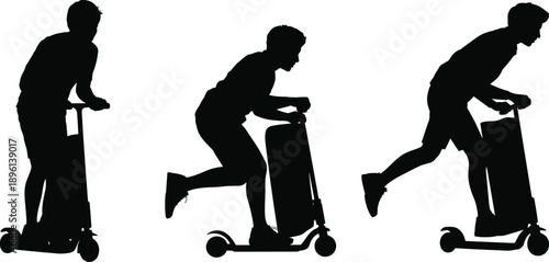 Man riding electric scooter silhouette set showing urban commute travel motion isolated on white background black vector illustration collection