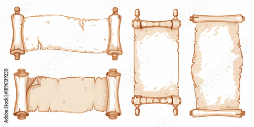 Four antique parchment scrolls with decorative wooden rollers blank and aged