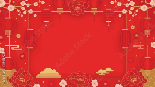 Festive Chinese New Year red background with lanterns and floral decorations