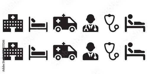 Hospital and medical service icons in a row and column arrangement for design hospital ambulance doctor bed