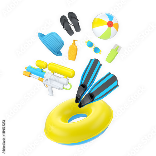 Wallpaper Mural Fun summer beach accessories including inflatable swim ring, beach ball, flip-flops, sunglasses and water gun on white background Torontodigital.ca