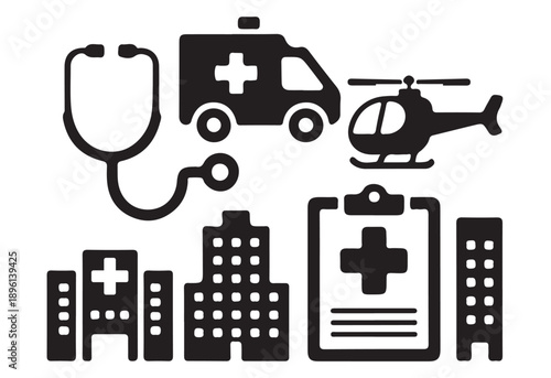 Collection of medical and hospital related icons including stethoscope ambulance helicopter buildings clipboard