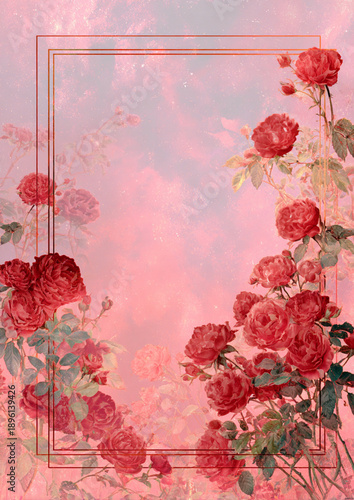 Romantic Vintage Rose Frame in Soft Pastel Red with Ornate Floral Detail