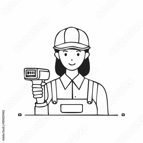 ハンディスキャナーで検品作業を行う現場スタッフの物流管理アイコン 白背景