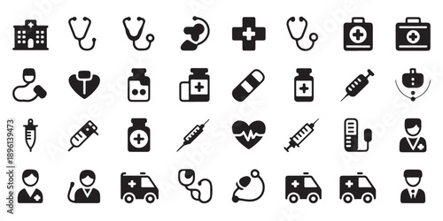 Clinical diagnostics icons set medical personnel avatars pharmaceutical tools ambulance silhouettes