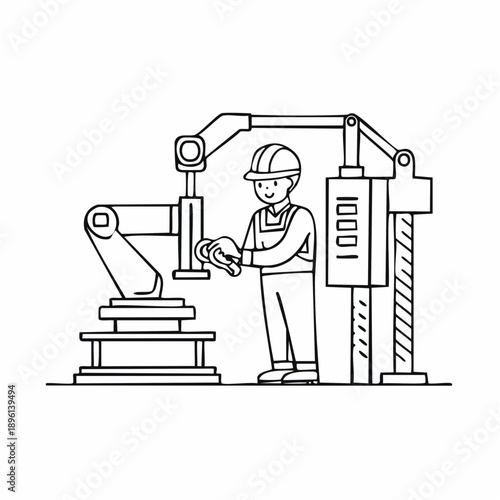 制御盤を操作する現場作業員の設備管理とスマート工場ラインアイコン 白背景