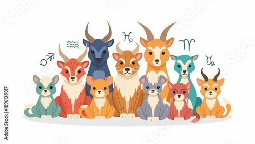 Zodiac Signs Represented by Cute Animals in a Group, Featuring Capricorn Goat, Aquarius Ram, and More Astrological Symbols