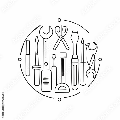 レンチやドライバーの工具セット メンテナンス作業アイコン 白背景