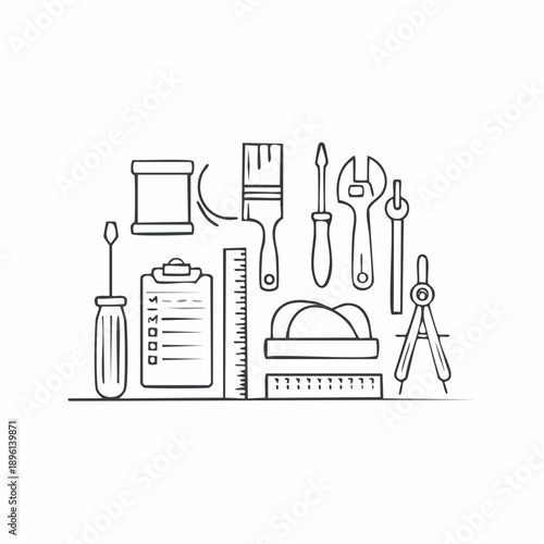 レンチやドライバーの工具セット メンテナンス作業アイコン 白背景