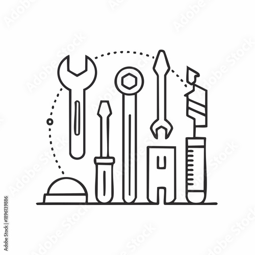レンチやドライバーの工具セット メンテナンス作業アイコン 白背景