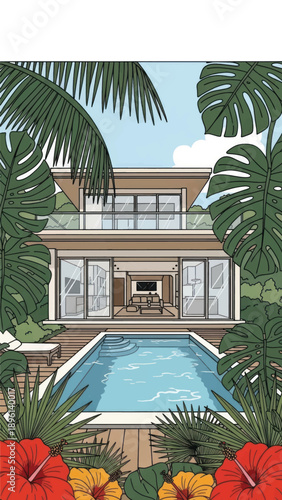 Tropical modern villa with palm-fringed garden and blue pool in a lush backyard oasis full of light.