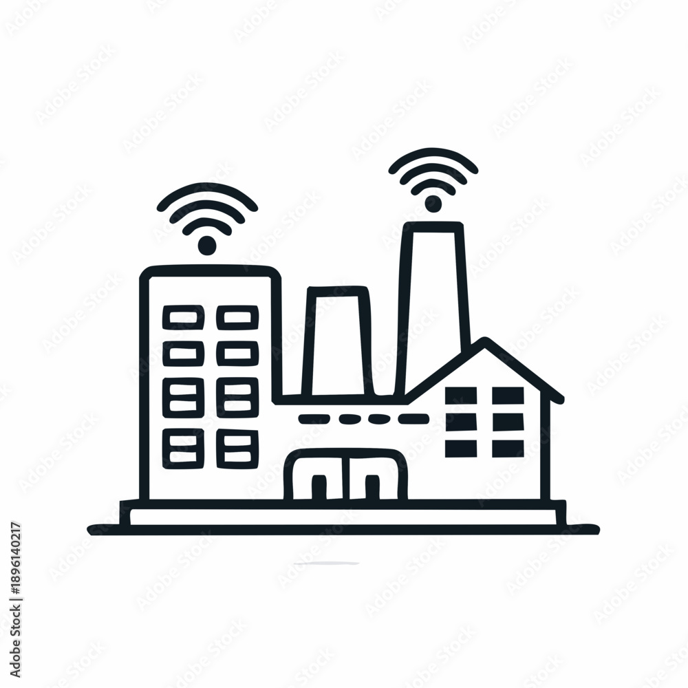 Obraz premium IoT通信で接続されたスマート工場とビル群のラインアイコン 白背景