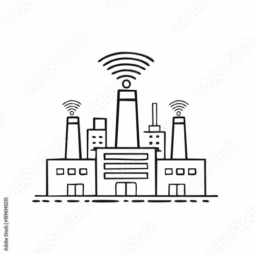 IoT通信で接続されたスマート工場とビル群のラインアイコン 白背景
