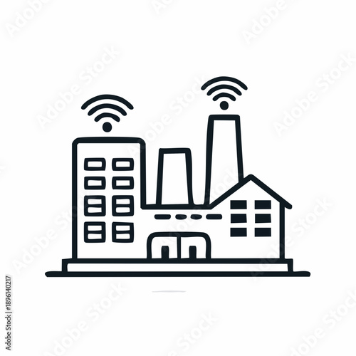IoT通信で接続されたスマート工場とビル群のラインアイコン 白背景