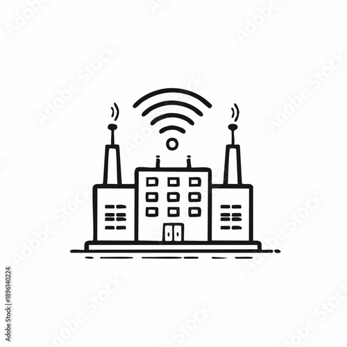 IoT通信で接続されたスマート工場とビル群のラインアイコン 白背景