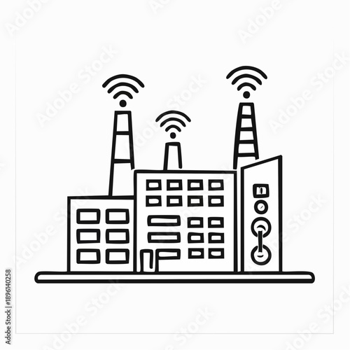 IoT通信で接続されたスマート工場とビル群のラインアイコン 白背景