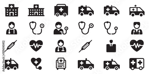 Hospital building doctor stethoscope syringe heart rate monitor ambulance first aid kit icons