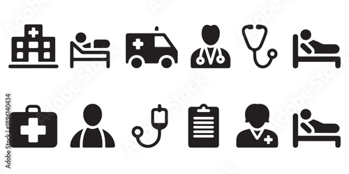 Set of healthcare and medical icons hospital ambulance doctor patient bed and briefcase