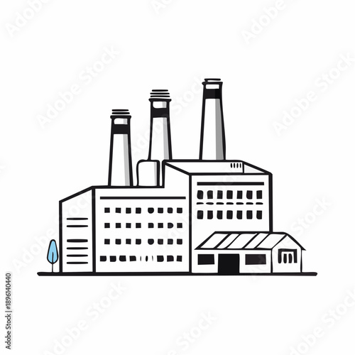 製造業や生産拠点を表す工場建物のシンプルラインアイコン 白背景