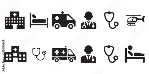 Collection of medical and hospital icons including ambulance hospital patient bed helicopter