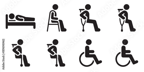 Icons for disability and medical care patient in bed sitting person wheelchair crutches