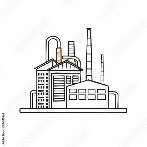 製造業や生産拠点を表す工場建物のシンプルラインアイコン 白背景