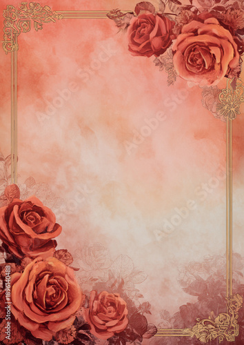 Elegant Vintage Floral Frame with Roses and Soft Pastel Red Decorative Design