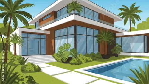 Luxurious modern villa with pool, glass walls, and tropical landscape.