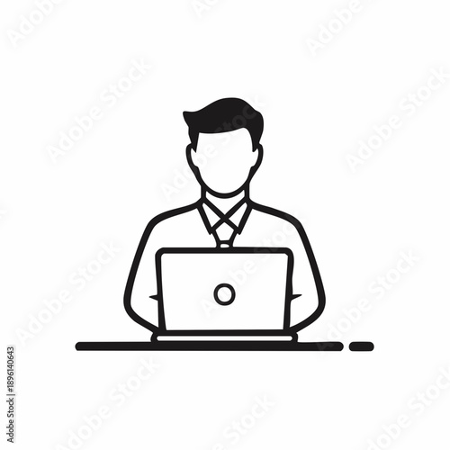 ノートパソコンで仕事をする男性ビジネスパーソンのアイコン 白背景