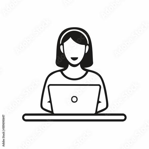 ノートパソコンで作業する女性のテレワークアイコン 白背景