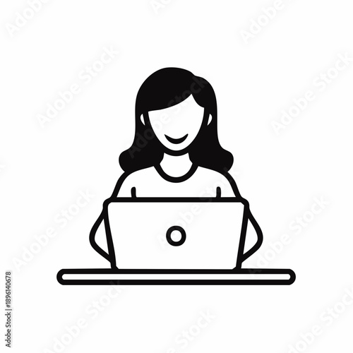 ノートパソコンで作業する女性のテレワークアイコン 白背景