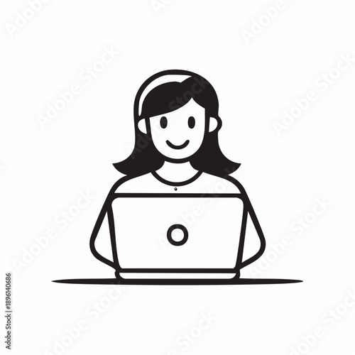 ノートパソコンで作業する女性のテレワークアイコン 白背景