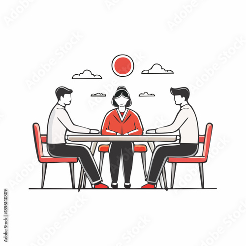 打ち合わせを行うビジネスミーティングのラインイラストアイコン 白背景