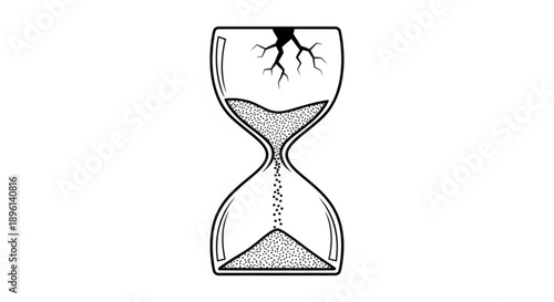 Cracked hourglass with sand flowing symbolizing time urgency and decay in a monochrome illustration