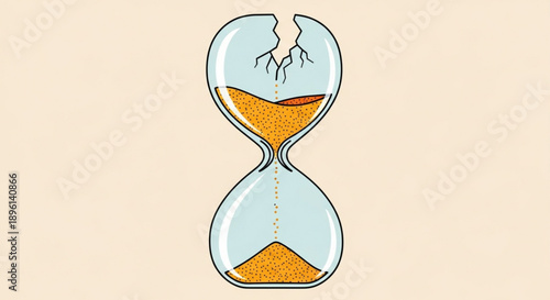 Cracked hourglass with flowing golden sand on beige background symbolizing time passage and urgency