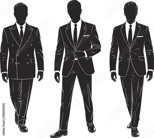 Elegant businessman silhouettes illustration, three confident men wearing suits walking forward, luxury fashion style, leadership, corporate success concept